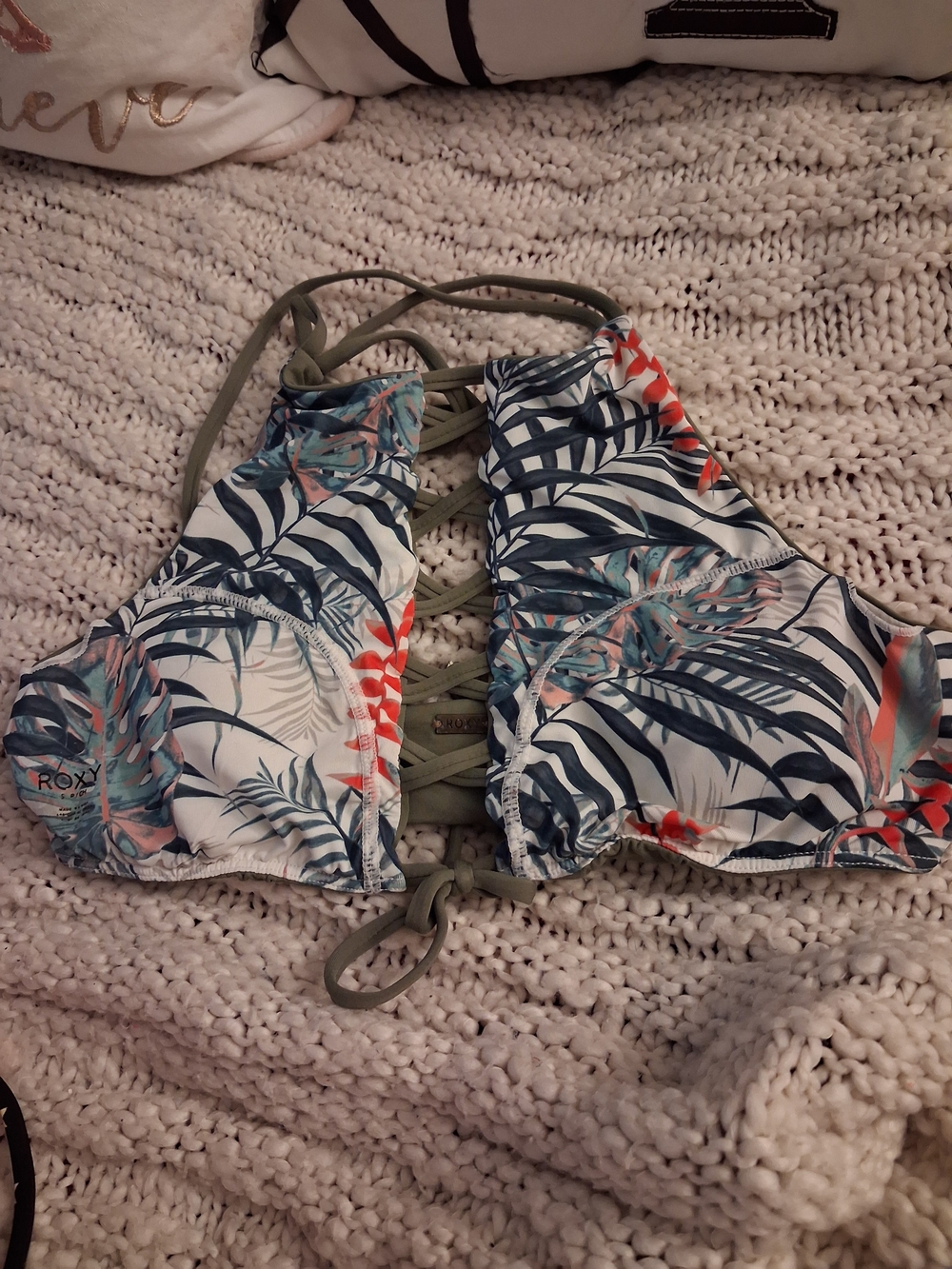 Roxy High-Neck Tropical Leaf Lace-Up Bikini Top — White, Navy & Coral
